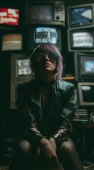 Retro Future: Woman in Sunglasses with Vintage TVs