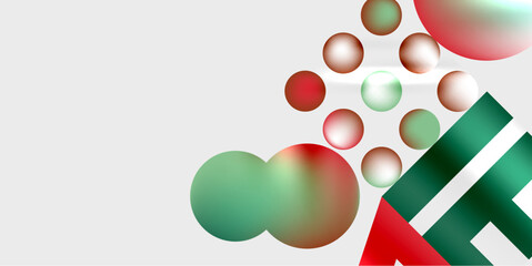 Abstract composition featuring spheres, rectangles. Colors include red, green, silver. Minimalist design with gradients, shadows. Clean aesthetic.