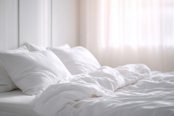 beautiful bed after sleep with rumpled sheets and soft light illuminating room