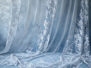 Ethereal Elegance, Delicate Floral Lace Draping in Soft Blue Hues for Dreamy Aesthetics