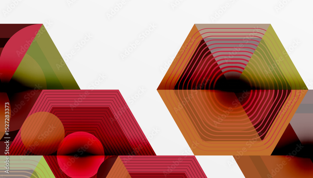 Poster Abstract geometric composition. Overlapping shapes, lines create dynamic visual effect. Warm color palette dominates design.