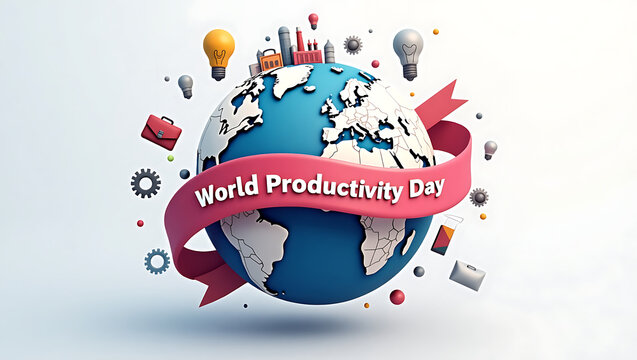 Stylized planet earth with interconnected gears and buildings, illustrating the theme of world productivity day and global economic development