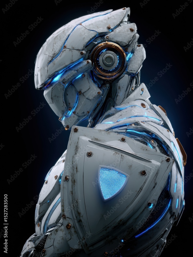 Poster cyber guardian avatar protects device with advanced technology and futuristic elements displayed pro