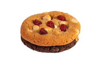Vanilla cookies topped with nuts and strawberries and A large chocolate cookie topped with chocolate chips on a transparent background