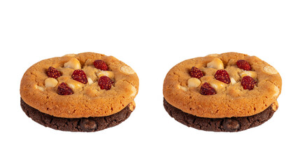 Vanilla cookies topped with nuts and strawberries and A large chocolate cookie topped with chocolate chips on a transparent background