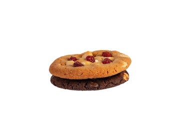 Vanilla cookies topped with nuts and strawberries and A large chocolate cookie topped with chocolate chips on a transparent background