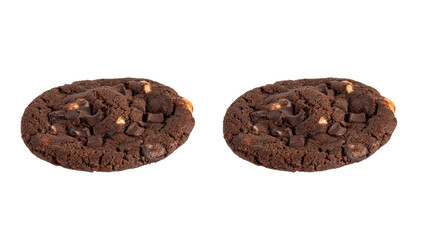 A large chocolate cookie topped with chocolate chips, set against a transparent background.