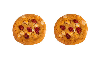 Vanilla cookies topped with nuts and strawberries on a transparent background