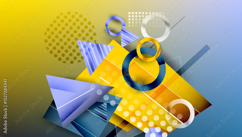 Aufkleber Abstract geometric composition. Yellow, blue shapes overlap, creating dynamic visual effect. Gradient background adds depth.