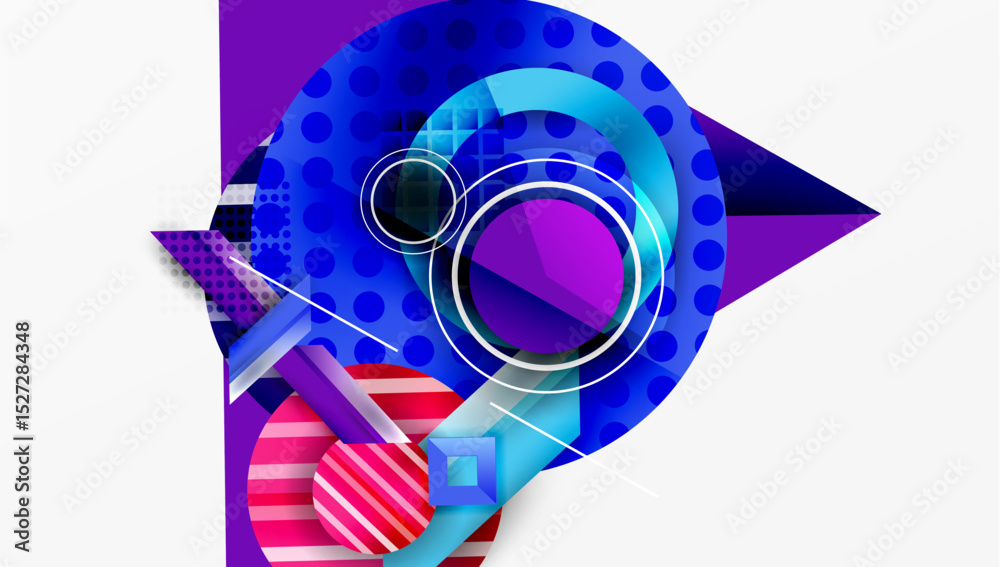 Aufkleber Abstract composition featuring overlapping geometric shapes. Vibrant blues, purples, pinks create dynamic visual interest. Modern design elements present.