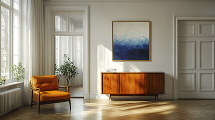 Fototapeta premium cozy living room featuring wooden cabinet and blue abstract painting, illuminated by natural