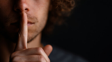A view of a person making a silent gesture in a dark background, promoting ideas of secrecy, quietness, and discretion.