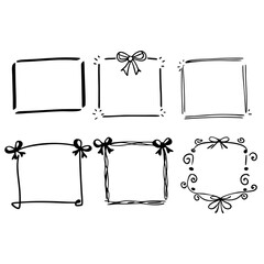 Six charming handdrawn square frames, some adorned with bows, isolated on white background