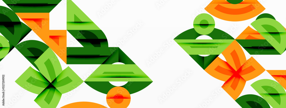 Poster Abstract geometric pattern. Green, orange shapes overlap, creating dynamic visual texture. Minimalist design, clean lines dominate composition.