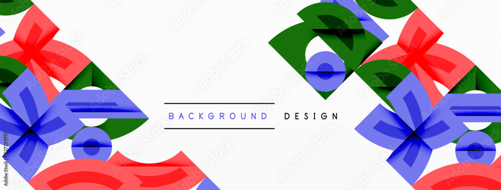 Poster Abstract geometric shapes, vibrant colors, modern design. Background features overlapping elements, creating dynamic visual texture.