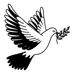 Obraz premium A graceful white dove, wings outstretched in flight, carries an olive branch, isolated on white background