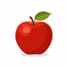 A vibrant red apple with a green leaf and brown stem.