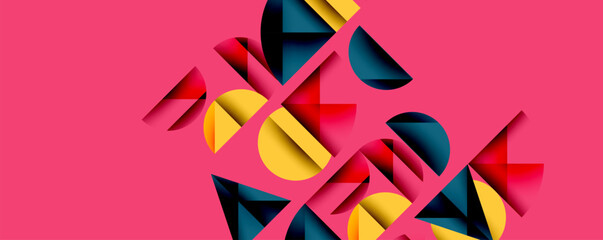 Abstract geometric shapes overlap, creating dynamic visual texture. Pink background emphasizes colorful forms. Modern design elements present.