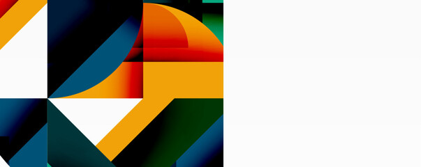 Abstract geometric shapes overlap, creating vibrant color blocks. Orange, blue, green dominate composition. Modern design elements present.