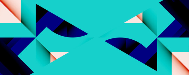 Abstract geometric pattern. Teal background features dark blue, peach shapes creating symmetrical design. Modern, clean aesthetic.