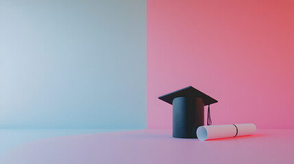 fondo colorido con espacio de copia con un birrete y un pergamino enrollado o diploma concepto de graduacion fin de cursos o termino de clases escolares