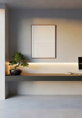 Mockup poster frame above minimalist desk with bonsai tree and ambient lighting in modern home office interior