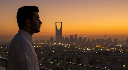 Obraz na płótnie Canvas Silhouette of a Man Contemplating Riyadh's Skyline at Sunset