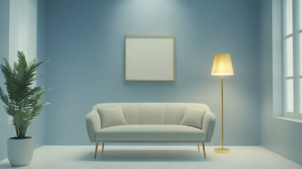 modern living room featuring light colored sofa, floor lamp, and potted plant. serene atmosphere