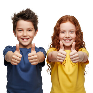 Boy girl giving thumbs up Boy blue shirt spiky hair Girl yellow shirt red hair on white or transparent background