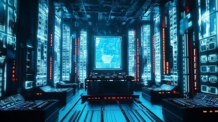 Futuristic control room with neon lights and advanced technology, a cybernetic command center