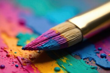 Fototapeta premium Close-up of a vibrant, colorful paintbrush, bristles laden with thick, textured paint, ready to create art The focus is on the paint's texture and the brush's form , fine art, art