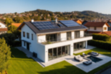 blurry photo of a modern house with solar panels on the roof, sunset light shining on the panels, modern technology, power plant.