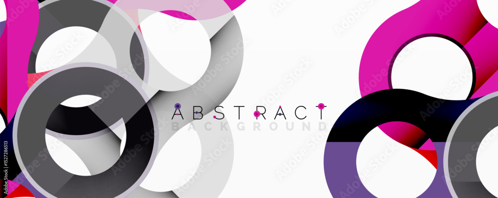 Poster Modern design features overlapping circles. Gray, pink, purple hues create dynamic visual effect. Clean background enhances composition.