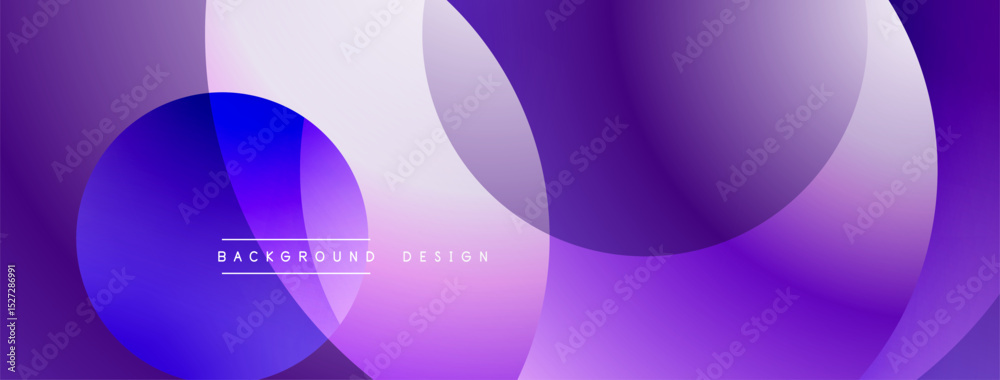 Poster Abstract purple background. Overlapping circles create dynamic fluid shapes, gradients, modern design elements. Minimalist aesthetic.