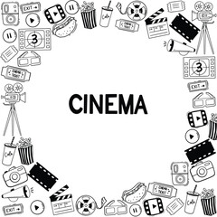 Hand drawn doodle Cinema set. Vector illustration. Movie making icons. Film symbols collection. Set of Cinema outline doodle hand drawn vector illustration
