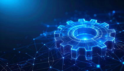 A futuristic blue gear symbolizing technology and innovation, set against a digital network background