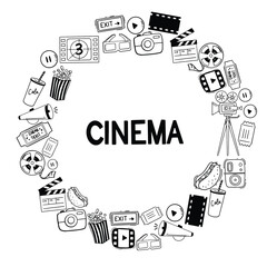 Hand drawn doodle Cinema set. Vector illustration. Movie making icons. Film symbols collection. Set of Cinema outline doodle hand drawn vector illustration