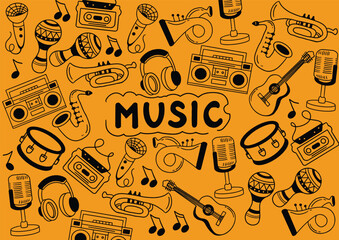 Music vector illustration. Drawing design concept. Doodle set of cute music instruments hand drawn. set of music instrument in doodle style