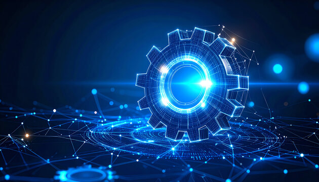 A glowing digital gear symbolizing technology and innovation, surrounded by a network of interconnected lines and nodes