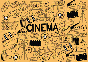 Hand drawn doodle Cinema set. Vector illustration. Movie making icons. Film symbols collection. Set of Cinema outline doodle hand drawn vector illustration