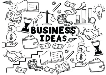 Business idea and business plan vector doodles. Set of business doodle elements made in vector. Idea, businessman, creative thinking, progress, graphs and all other kinds of business related elements