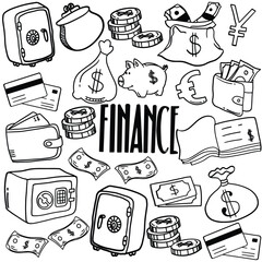 Doodle finance good for background. Financial and business icons vector set. Money, business, finance and charts, infographics, goal, communication and success. Vector illustration.