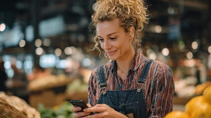 Smiling Market Worker: Capturing a vibrant scene of a friendly worker cheerfully using a mobile phone amidst fresh produce, in a dynamic depiction of modern customer service and market life. - Powered by Adobe