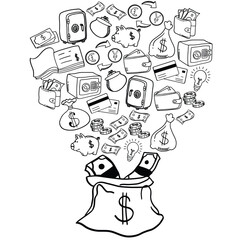 Doodle finance good for background. Financial and business icons vector set. Money, business, finance and charts, infographics, goal, communication and success. Vector illustration.