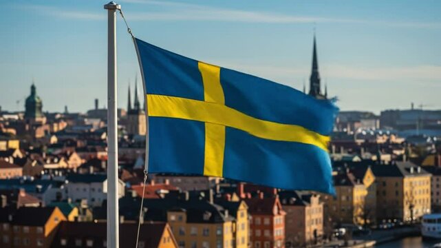 Sweden Flag Waving with City Background