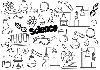 Set of laboratory equipment in black and white outlined doodle style. Hand drawn childish chemistry and science icons set. Elements, formulas, test-tube. Vector hand drawn Science Doodle Elements