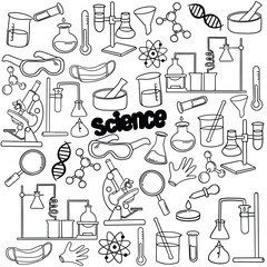 Set of laboratory equipment in black and white outlined doodle style. Hand drawn childish chemistry and science icons set. Elements, formulas, test-tube. Vector hand drawn Science Doodle Elements