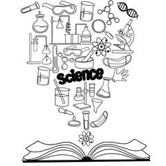 Set of laboratory equipment in black and white outlined doodle style. Hand drawn childish chemistry and science icons set. Elements, formulas, test-tube. Vector hand drawn Science Doodle Elements