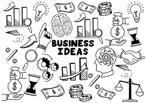 Business idea and business plan vector doodles. Set of business doodle elements made in vector. Idea, businessman, creative thinking, progress, graphs and all other kinds of business related elements