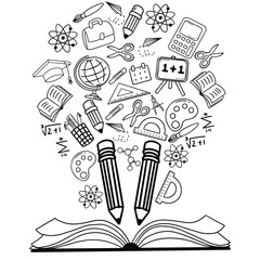 Back to school seamless doodle pattern. Hand drawn background with school supplies and creative elements. Vector illustration. doodle drawing of school equipment